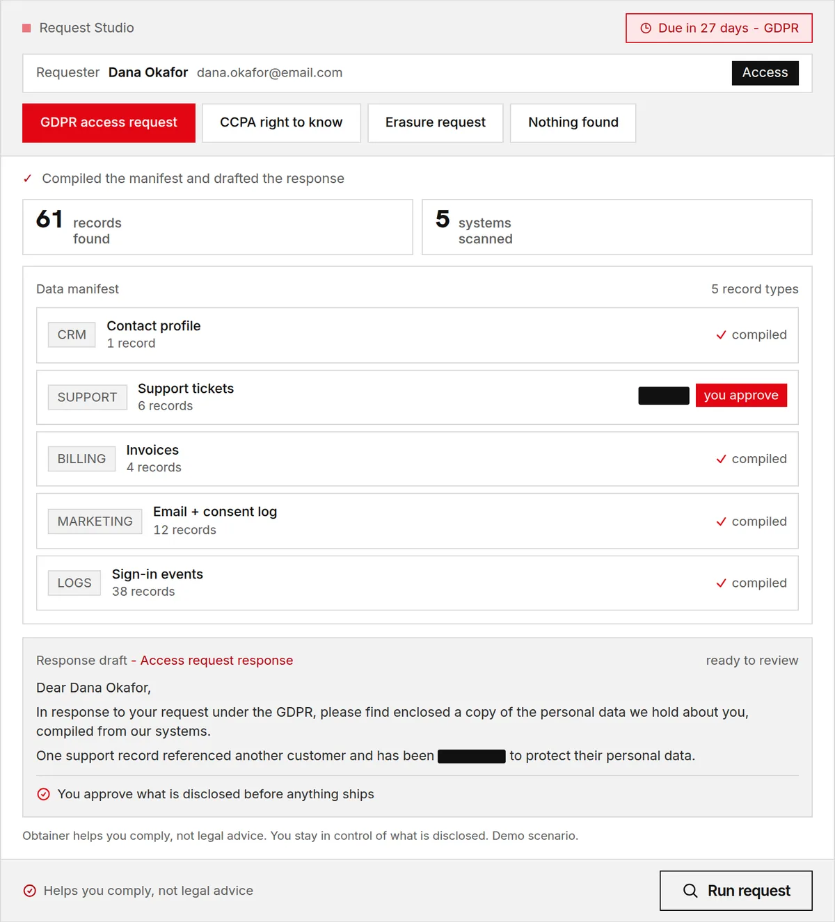 Obtainer Request Studio with the compiled data manifest, source-system badges and the redaction gate